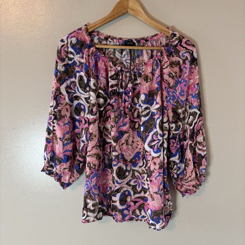Talbots Floral Peasant Blouse Pink Blue Tie Neckline 3/4 Sleeve Blouse 2X Petite